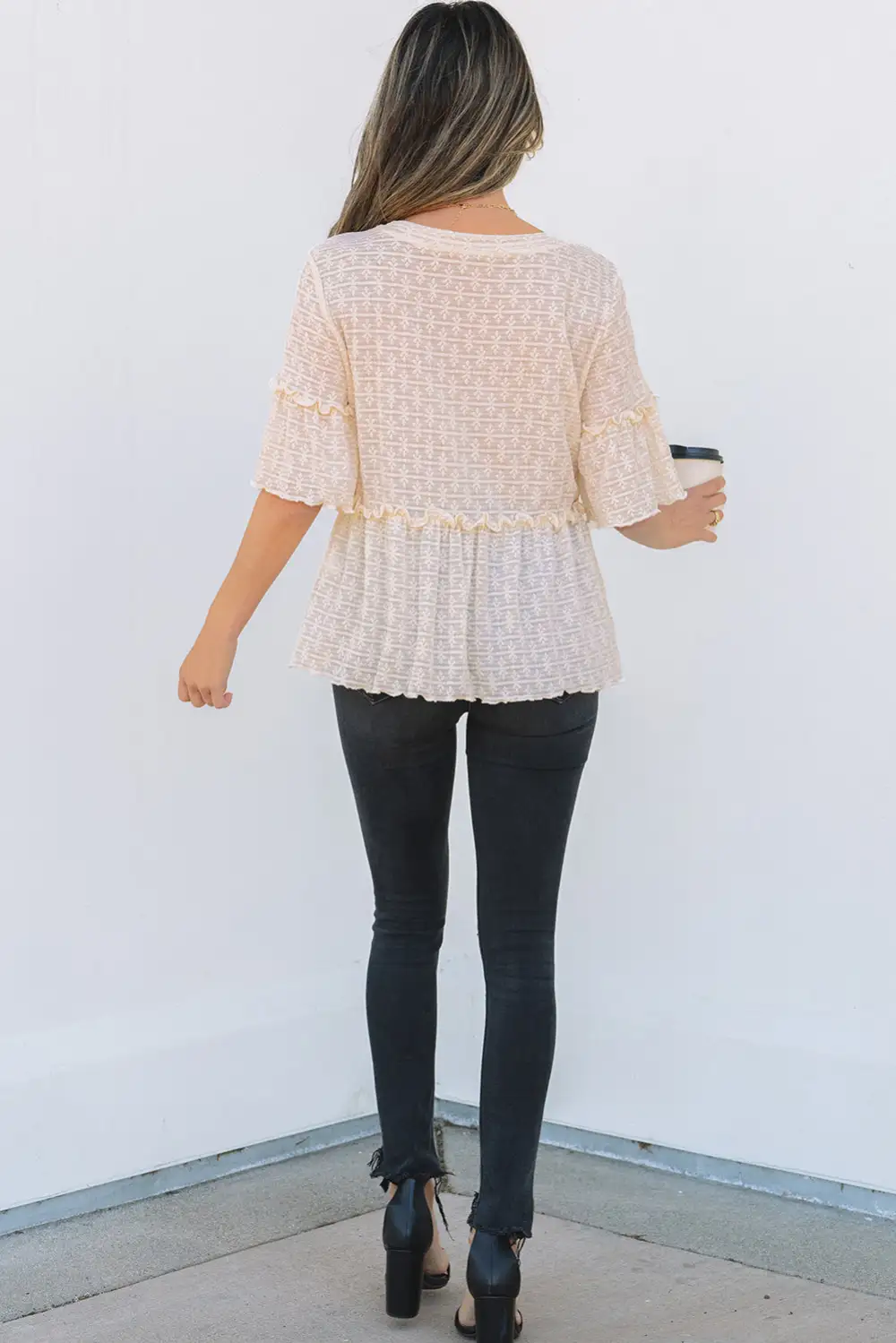 Ruffled Textured Short Sleeve Blouse