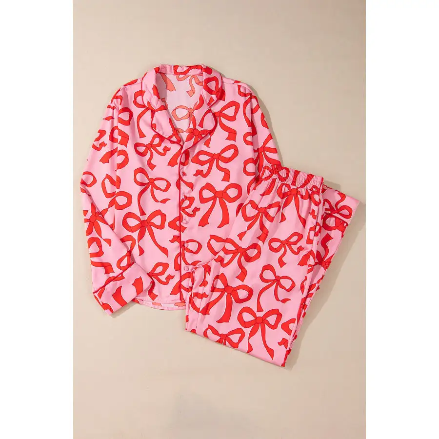 Pcs Bow Print Shirt Sleeve Pajama Set