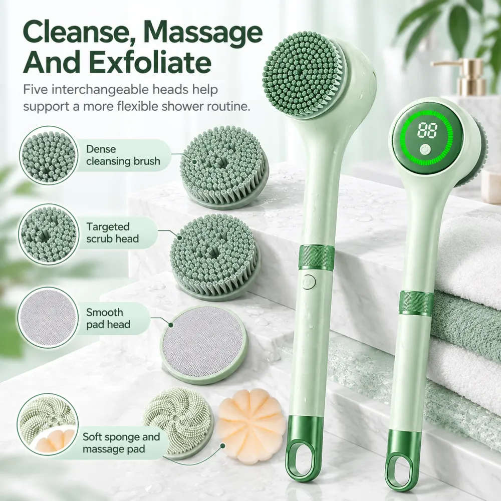 Rechargeable Electric Shower Back Scrubber - Long Handle IPX Waterproof PVC Rotating Bath Brush with 5 Replaceable Brush Heads, 3 Speed Modes, Exfoliating Massager for Adults with Sensitive Skin