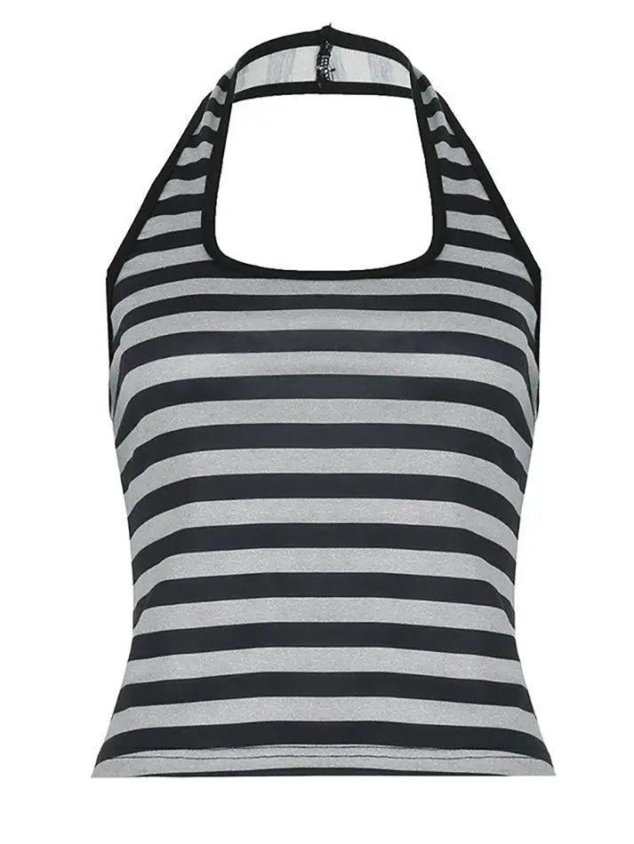 Halter Backless Rhinestone Striped Tank Top