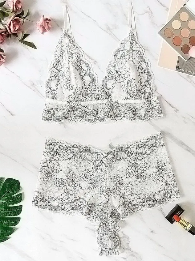 Sexy V Neck Two Tone Lace Floral Bra And Panty Set