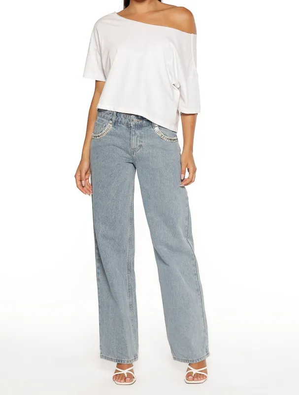 Light Wash Diamante-Trim Low-Rise Jeans