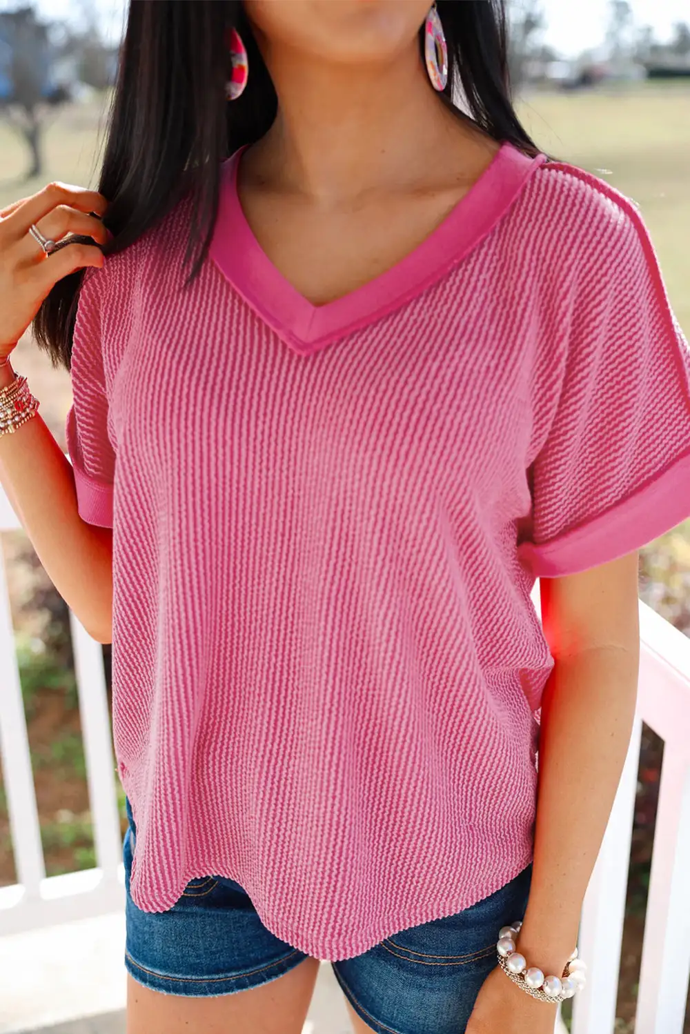Twisted Ribbed Knit Neck Tee