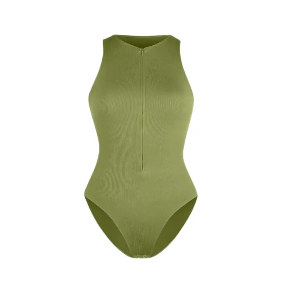 Ribbed Zip Front Sleeveless Bodysuit