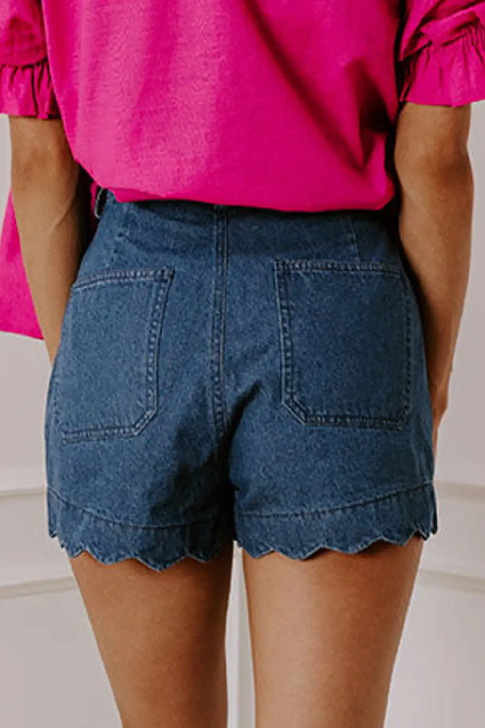 Scalloped Hemline Acid Wash High Waist Denim Shorts