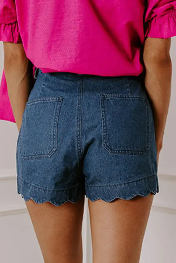 Scalloped Hemline Acid Wash High Waist Denim Shorts