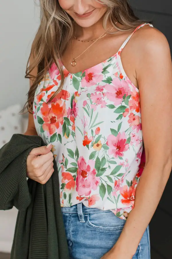 Ready For The Future Floral Tank Top- Ivory & Pink