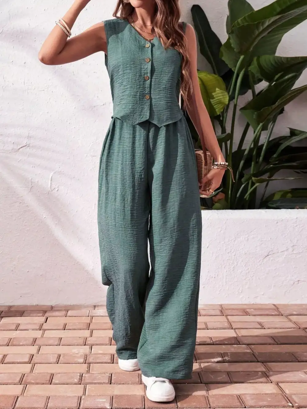 Button Front Wide Leg Jumpsuit