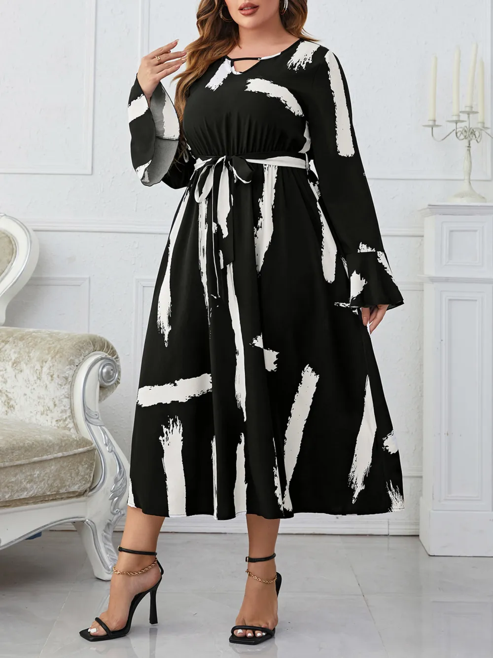 Black And White Special Neckline Flared Oversized Long Dress