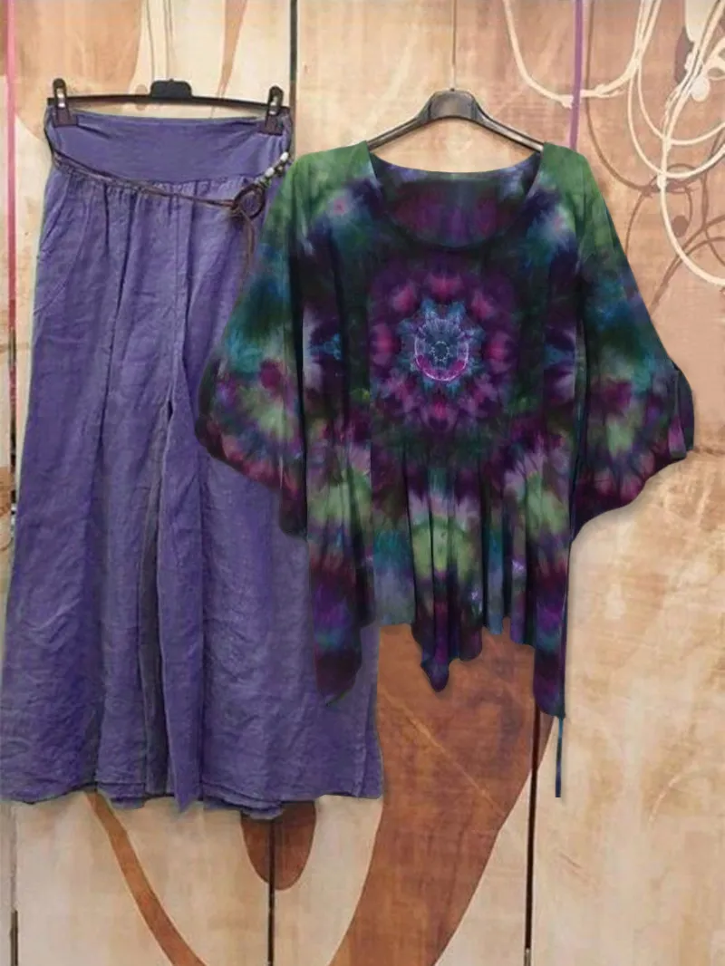 Women's tie dyed cotton and linen pants set, two-piece set 04
