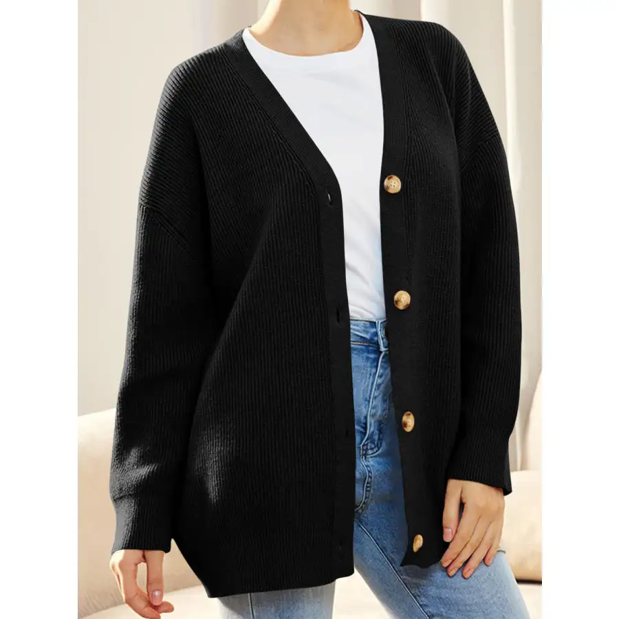 Button Down V Neck Long Sleeve Cardigan
