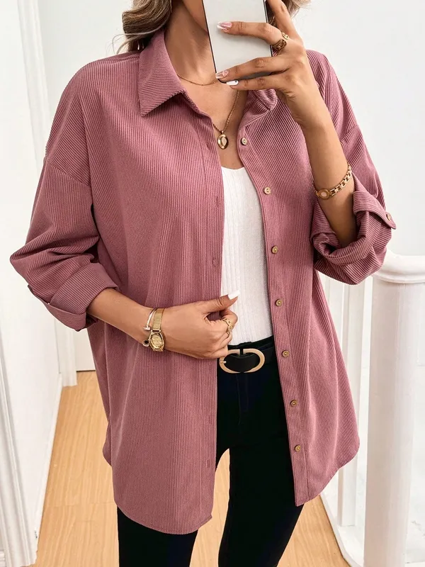 Women's Button Front Shirt Collar Wrist-length Sleeve Blouse