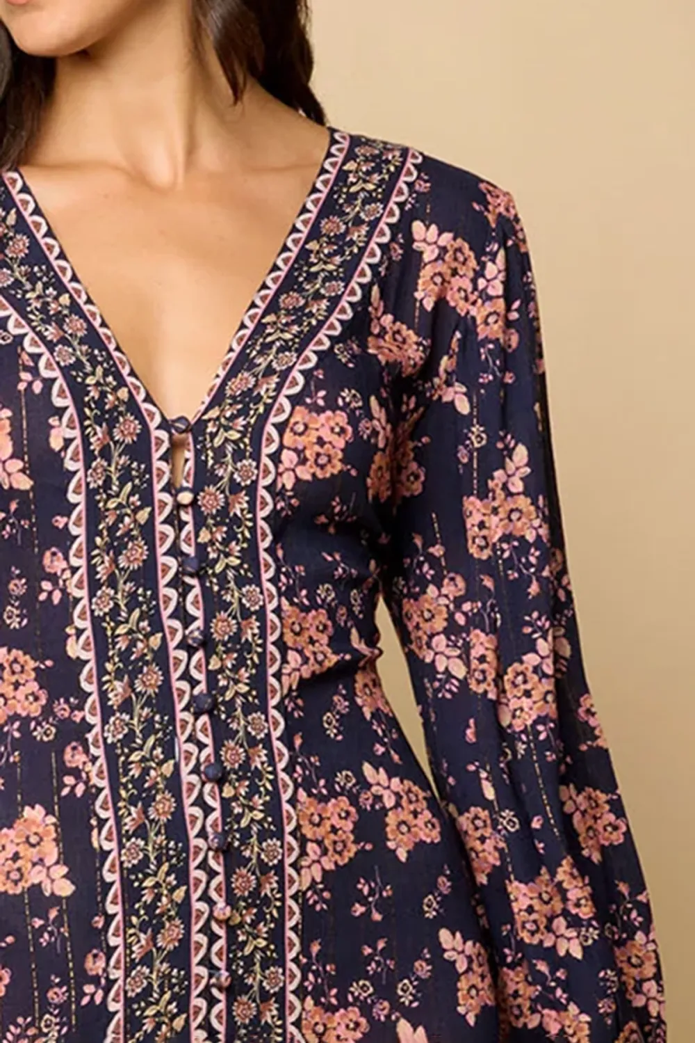 Navy And Pink Floral Print Long Sleeve Maxi Dress