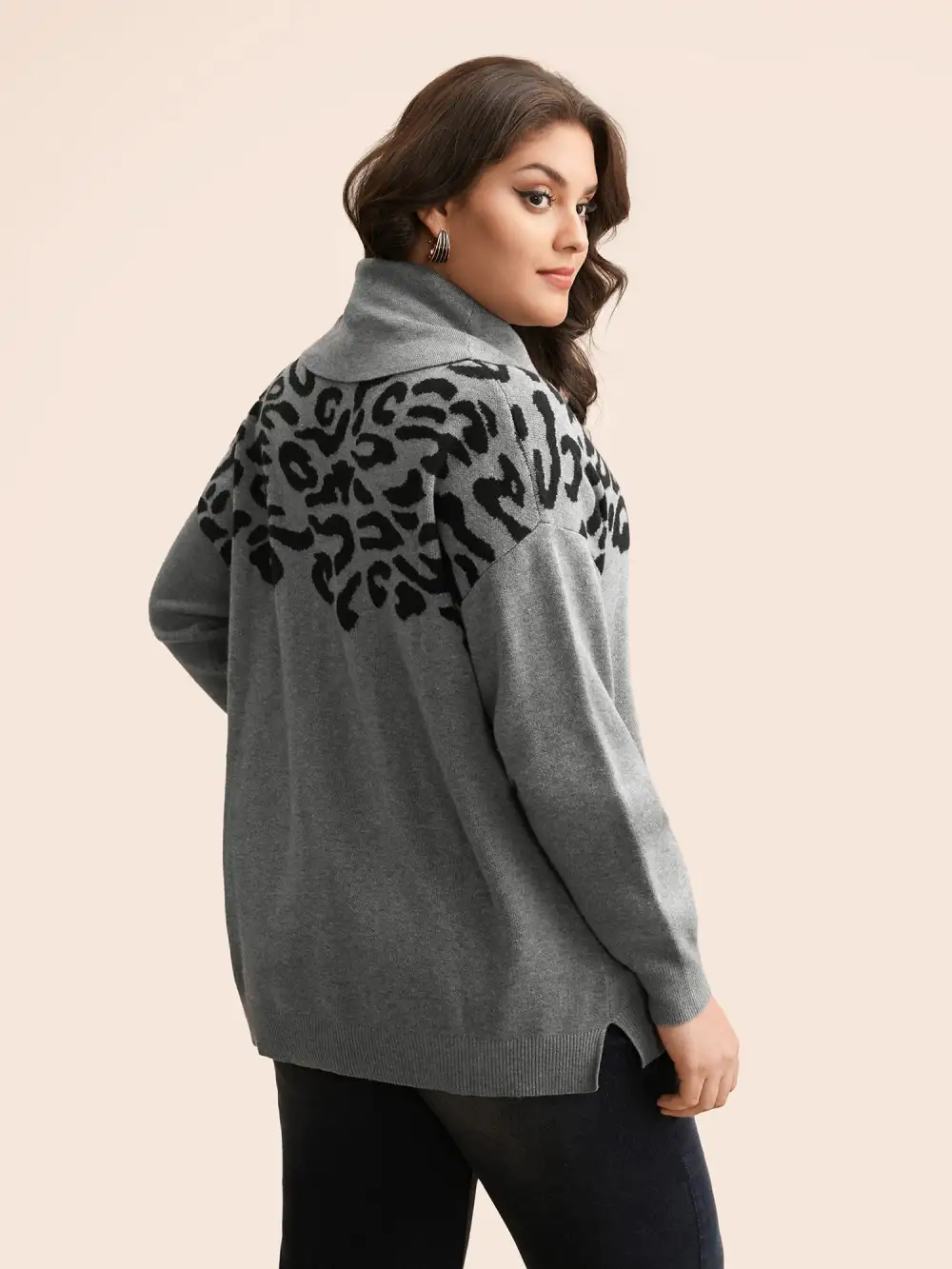 Leopard Print Turtleneck Drop Shoulder Sleeve Pullover