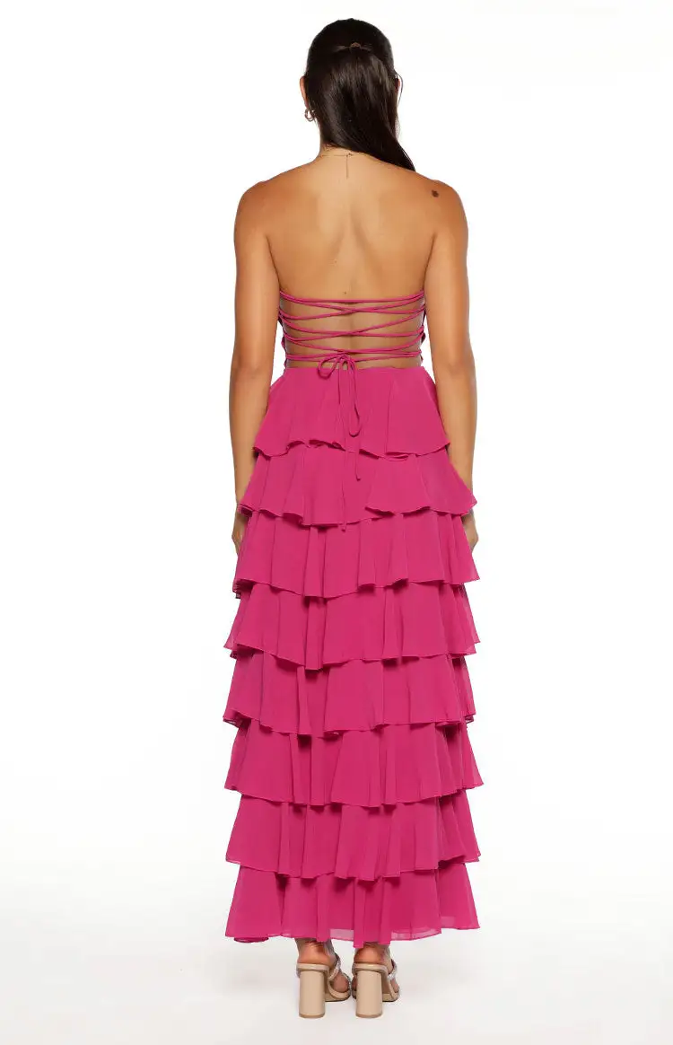 Strapless Ruffle Frills Fuchsia Maxi Dress