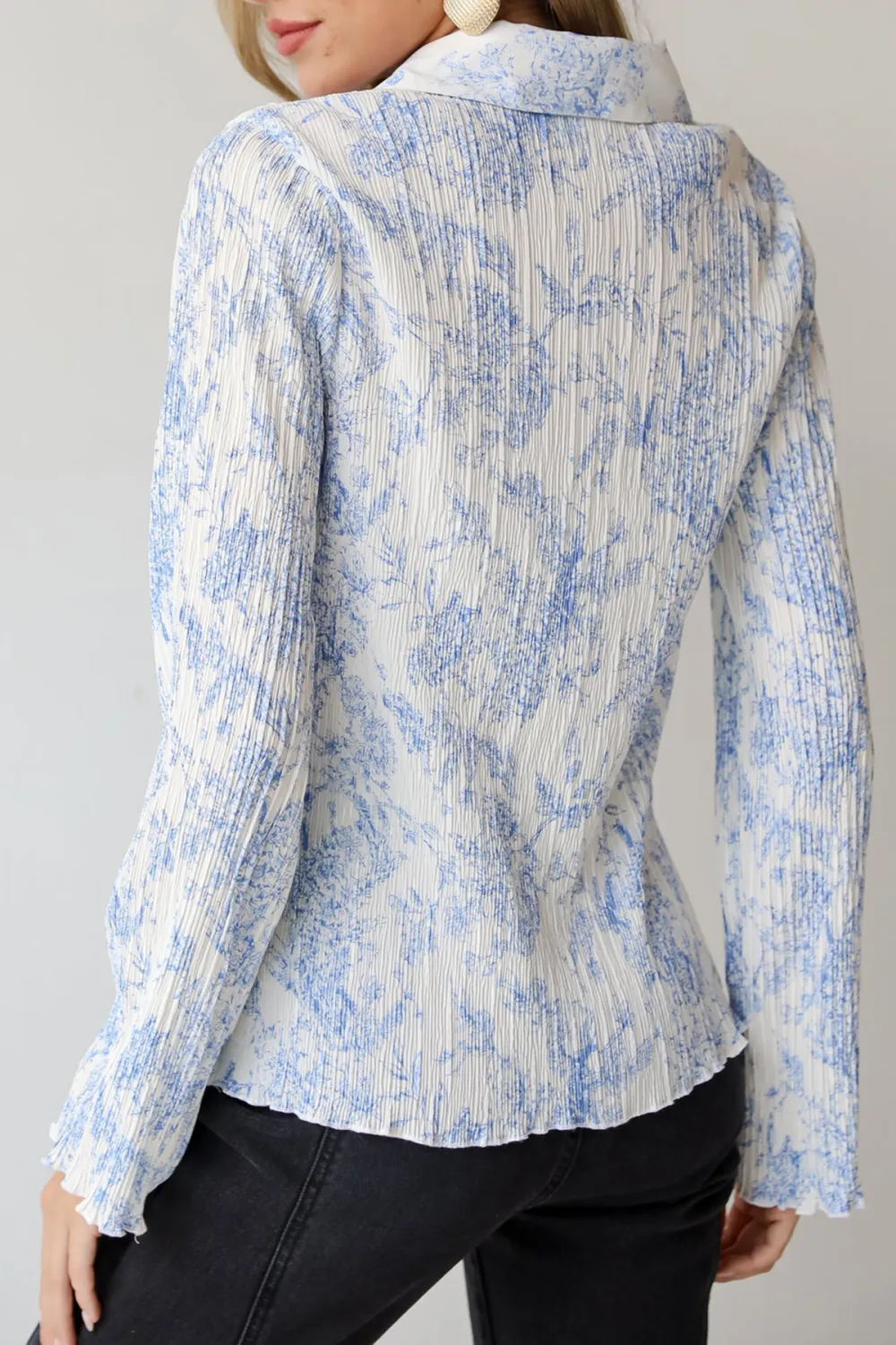 Blue Floral Plisse Button-Up Blouse