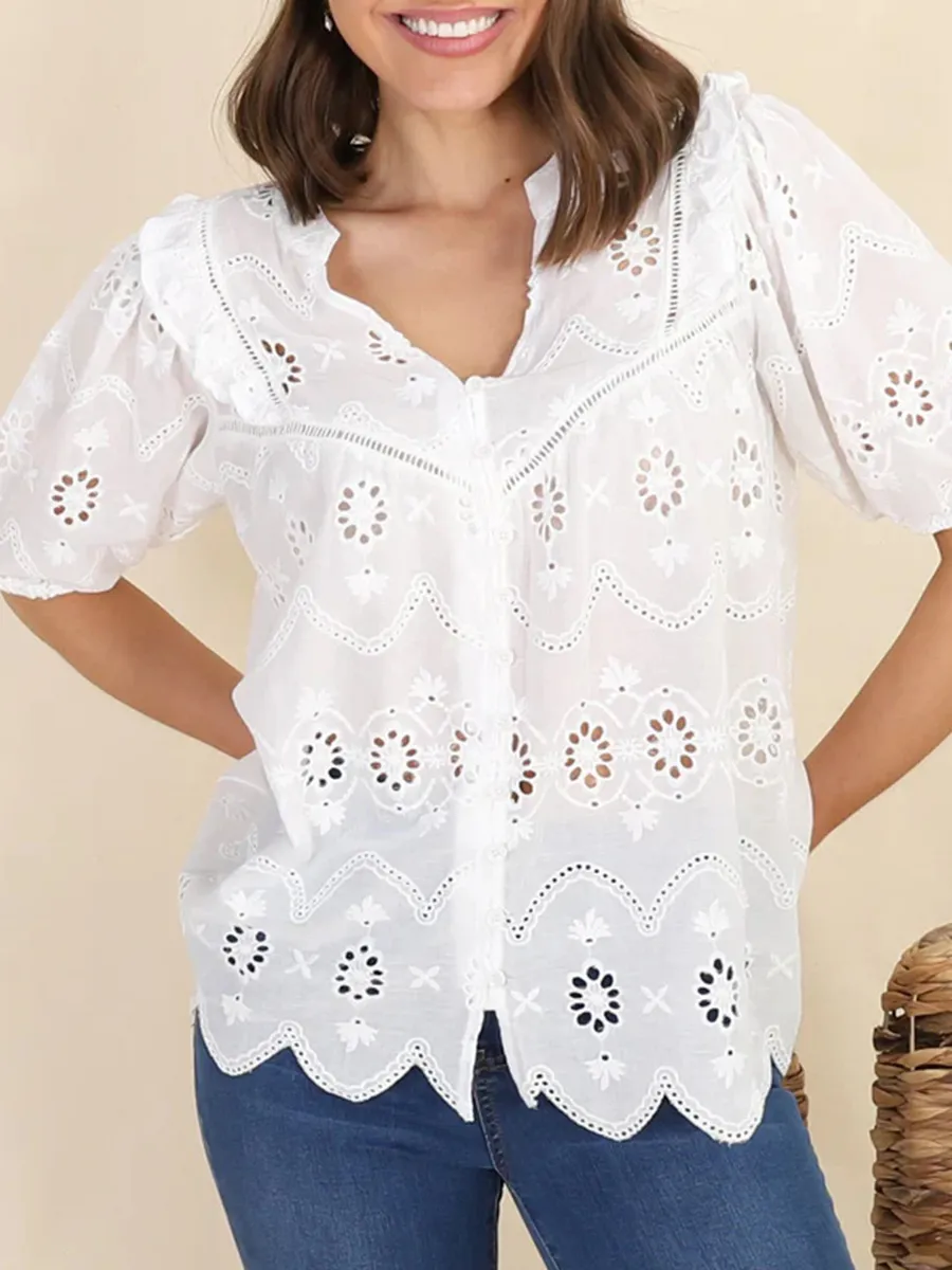 Short sleeve Bohemian embroidered cut-out blouse