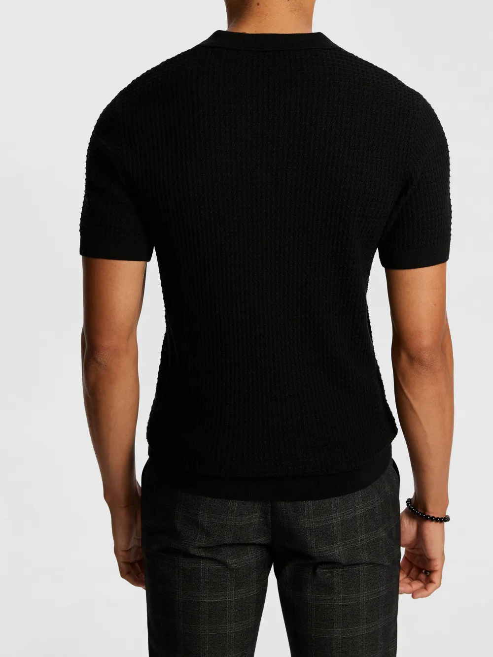 Black Short Sleeve Ribbed Knit Polo Shirt