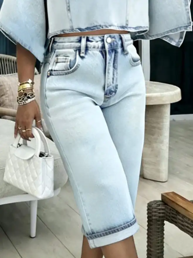 Denim Shorts Met Hoge Taille Knoopsluiting En Contrasterende