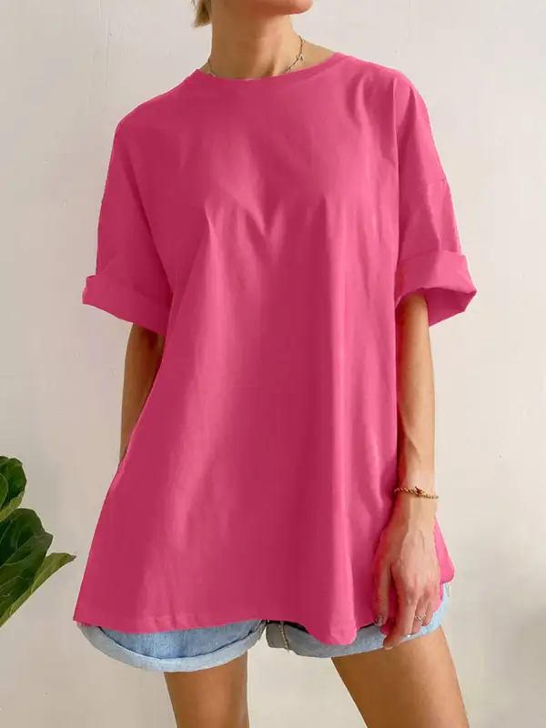 Relaxed Short Sleeve Side Slit Round Neck T-Shirt