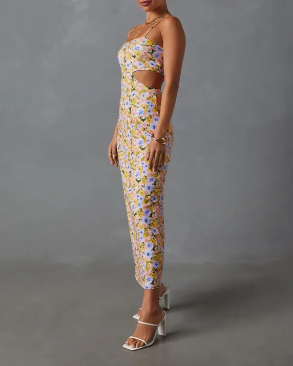 Cutout Floral Print Midi Dress