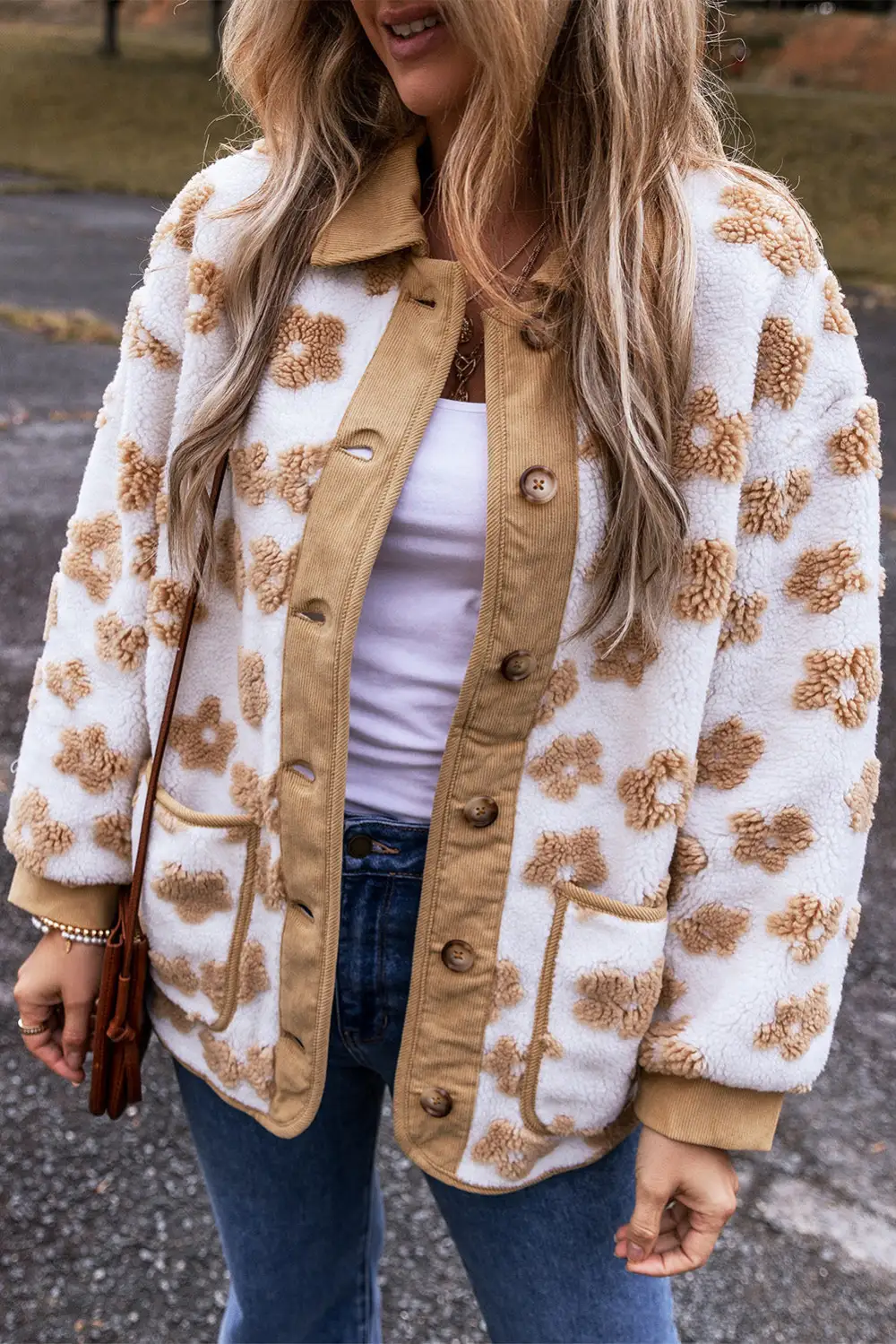French Cute Flower Pattern Button-Up Fleece Jacket