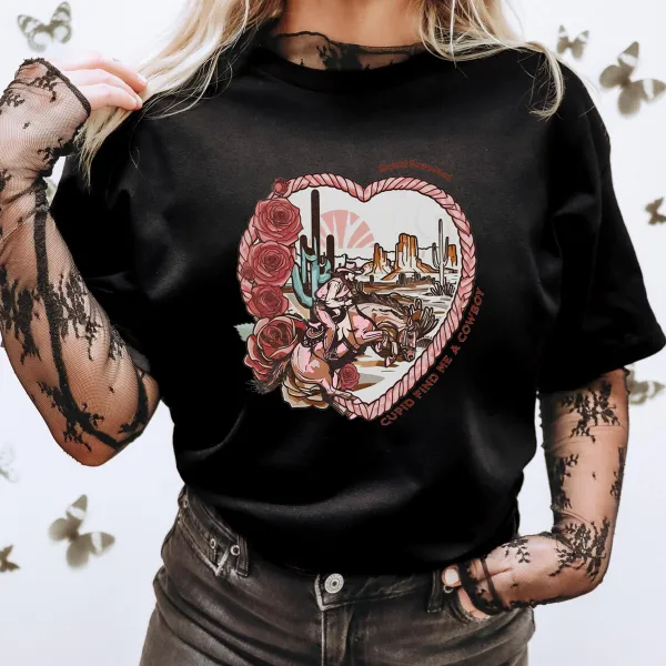 With A Desert And Sunrise Scene In The Background, Western Cowboy Style Casual T-Shirt
