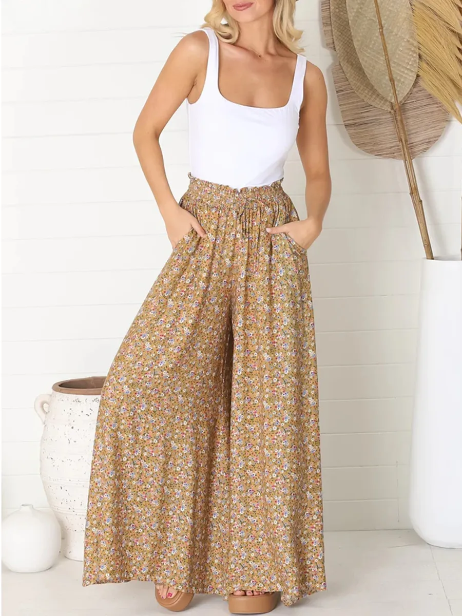 Boho high-waisted floral print trousers