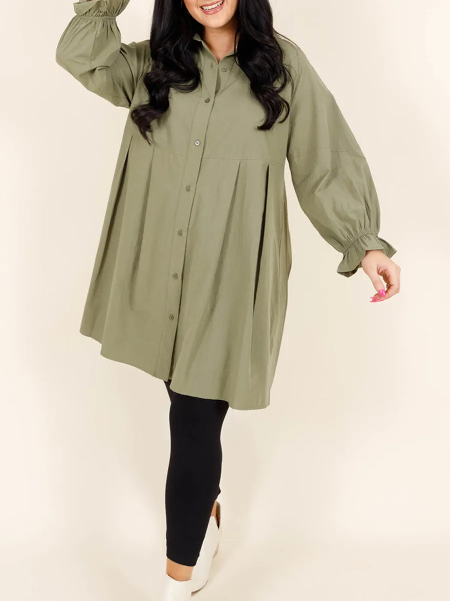 Green Pleated Button Loose Fitting Shirt