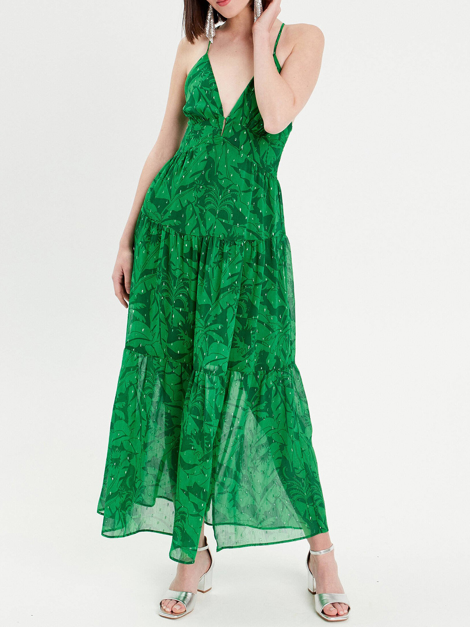 Robe longue évasée bretelles vert femme