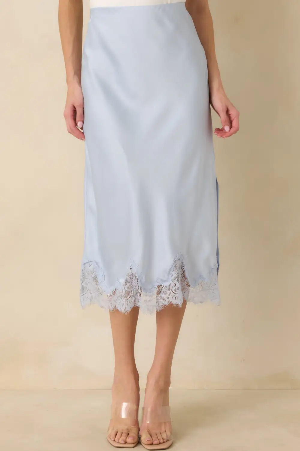 Call Me Later Powder Satin Lace Trim Midi Skirt