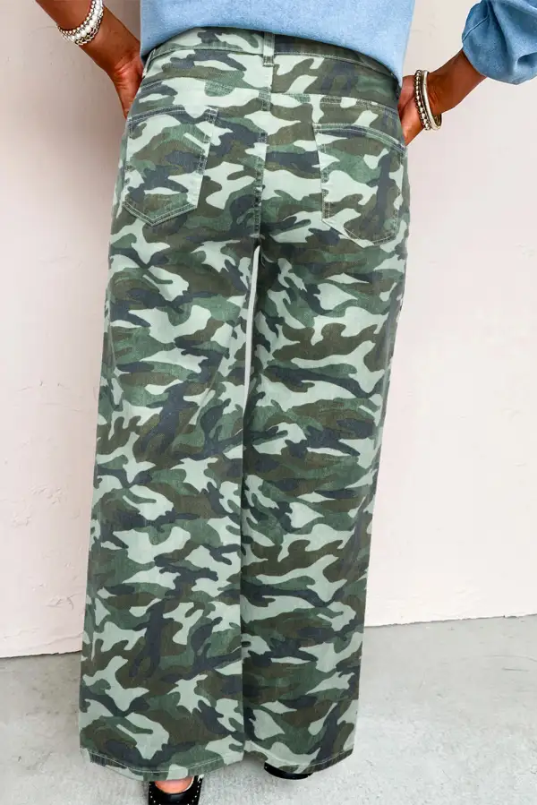 Wide Leg Drawstring Print Camouflage Jeans