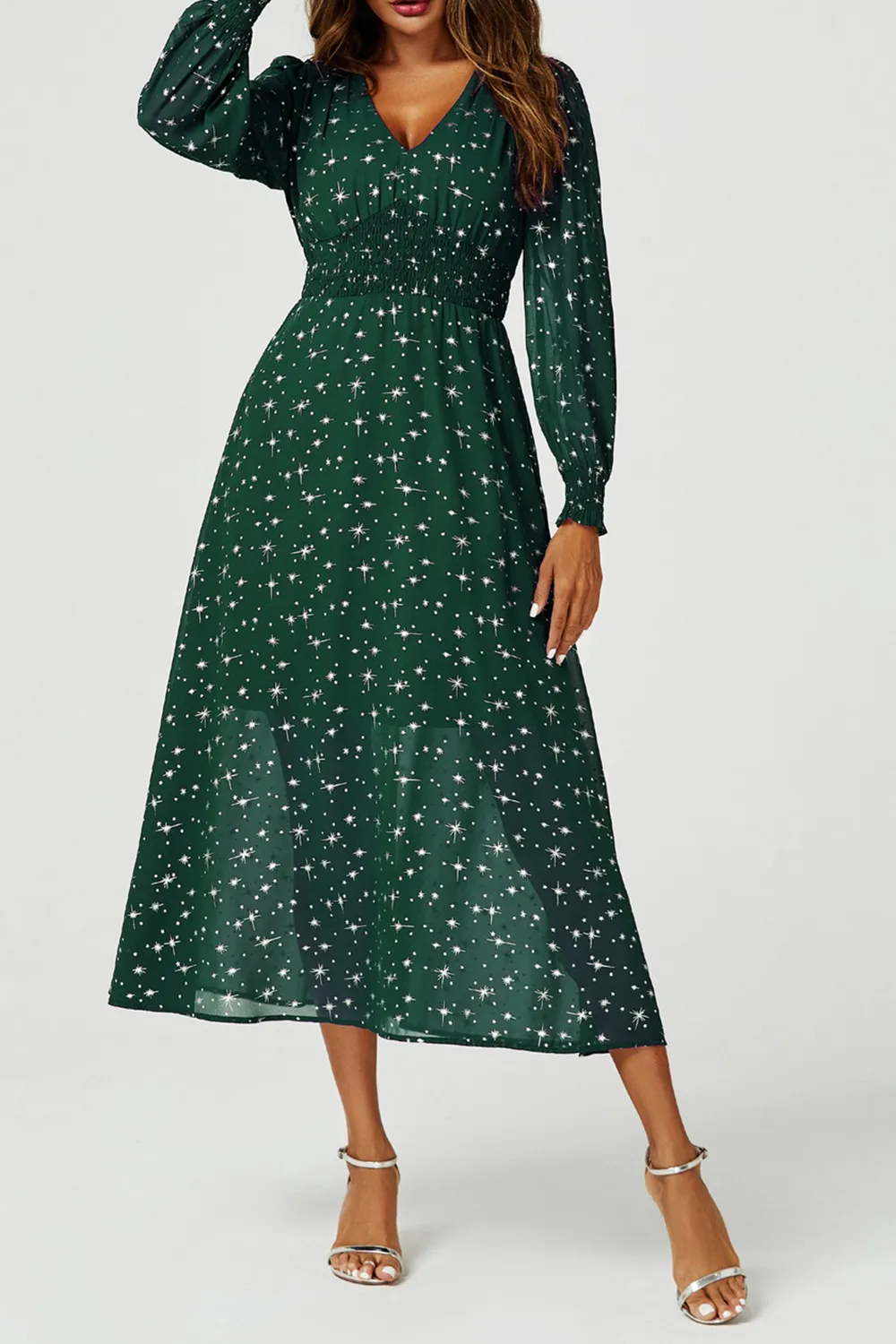 Green Polka Dot Star V-Neck Long Sleeve Maxi Dress