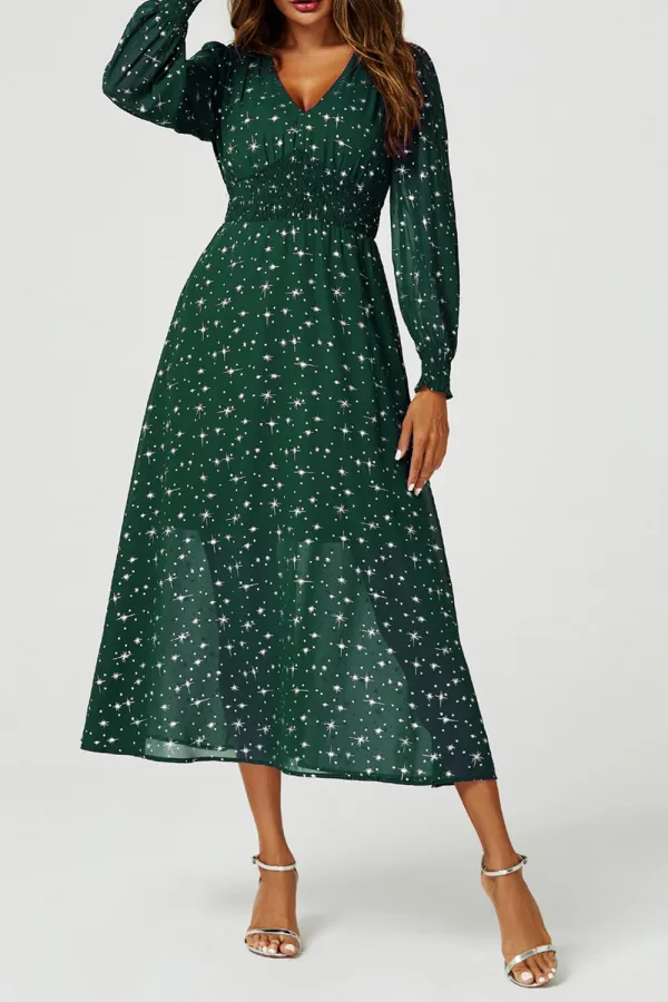 Green Polka Dot Star V-Neck Long Sleeve Maxi Dress