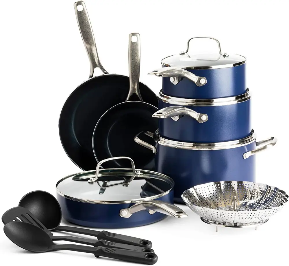 Diamond Cookware Diamond Infused Ceramic Nonstick 14 Piece Cookware Pots and Pans Set, PFAS-Free, Dishwasher Safe, Oven Safe, Blue