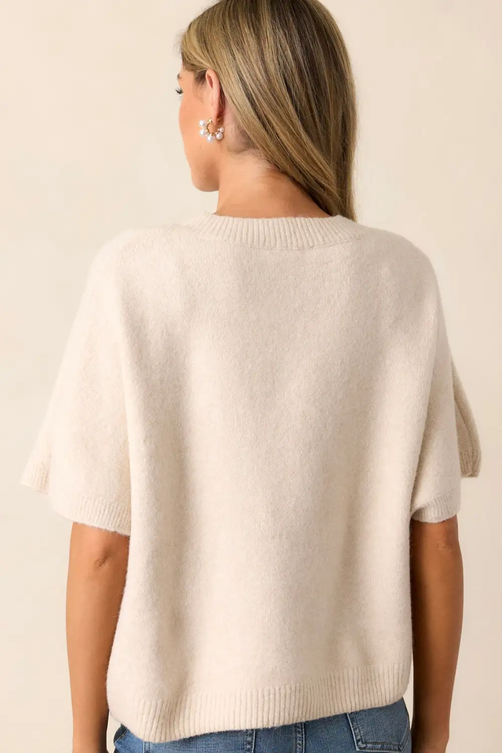 Be The One Ecru Faux Pearl & Bow Sweater Top