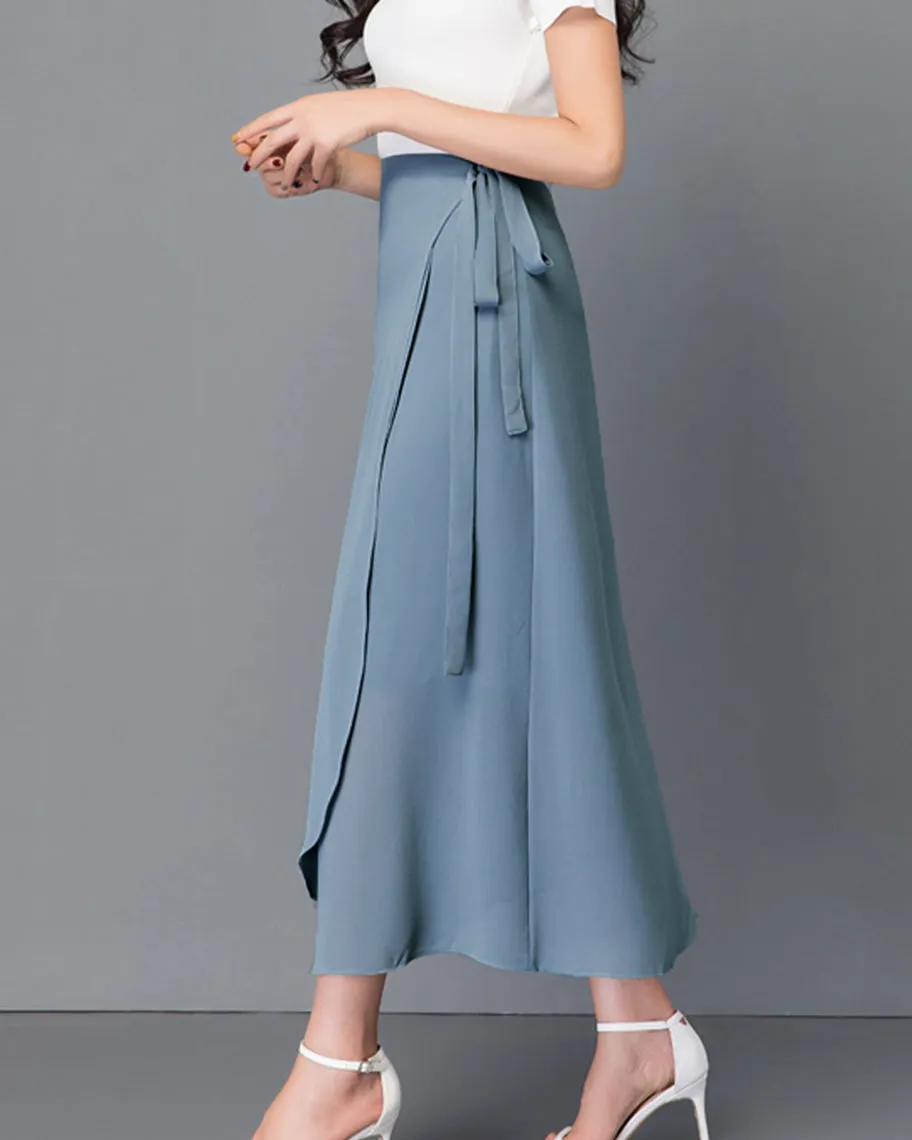 Airy Belted Chiffon A Line Midi Skirt