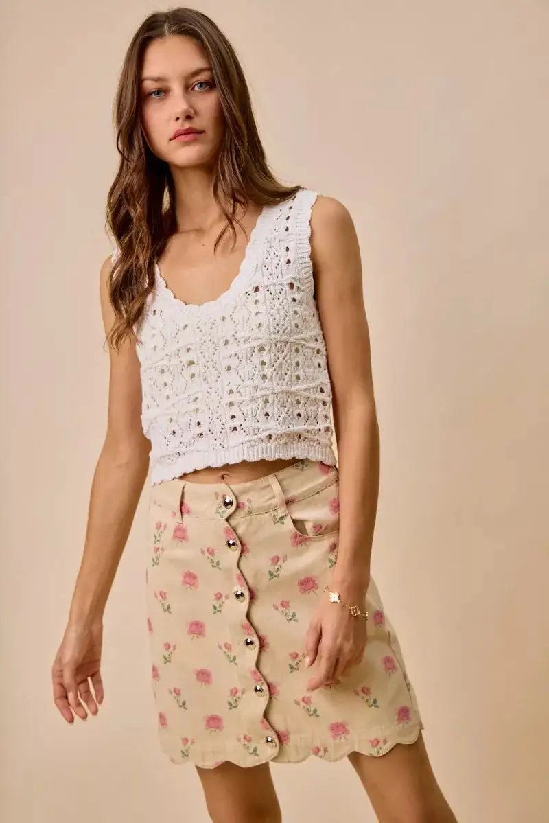 Button Front Cotton Blend Skirt