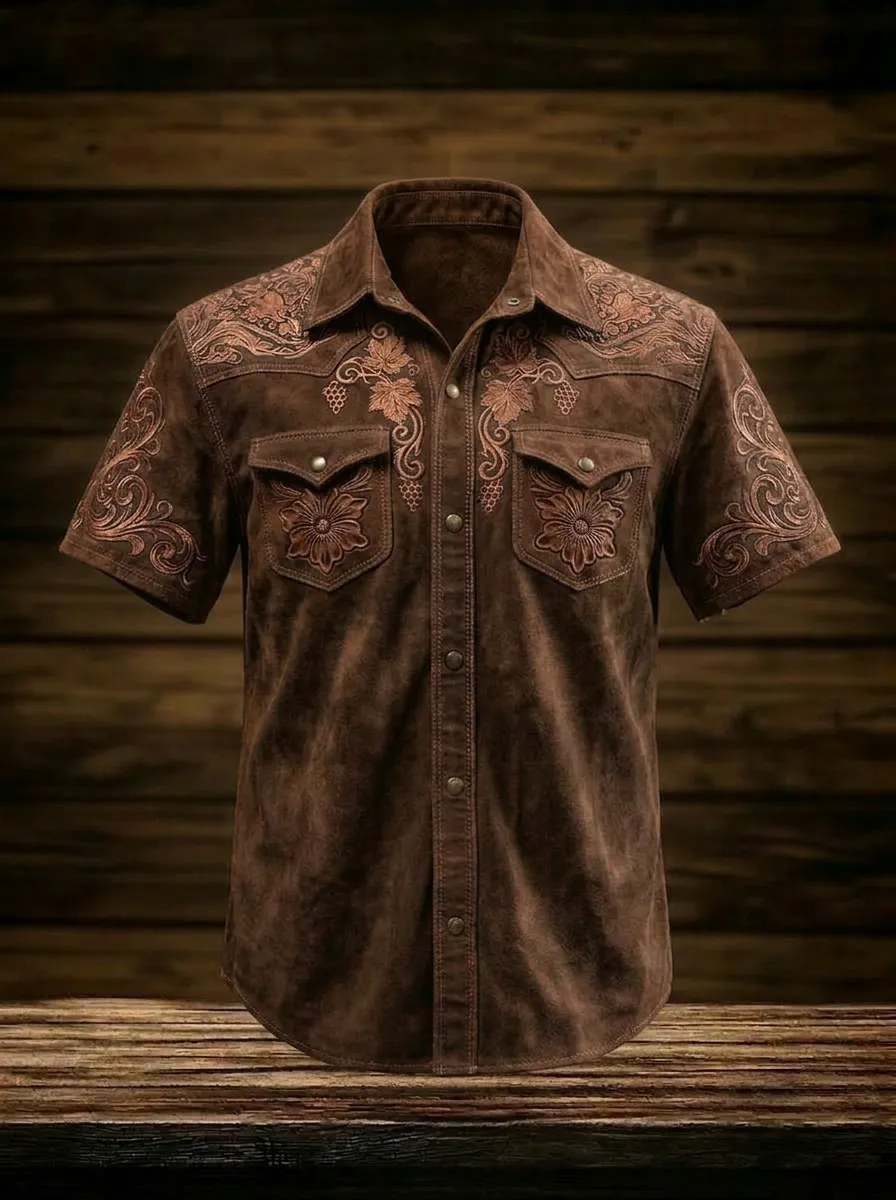 Men's Western Cowboy Floral Vine Embossed Printed Shirt