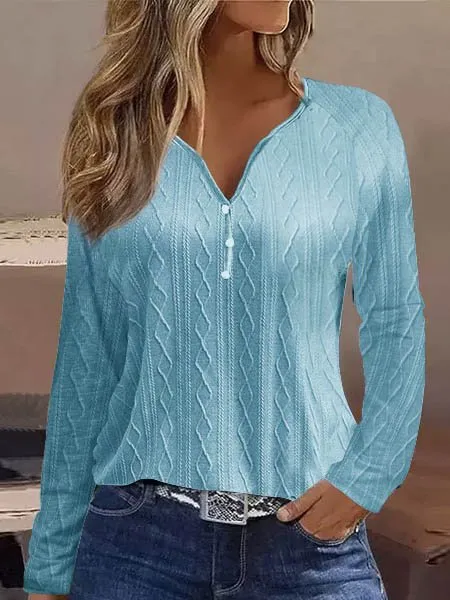 Casual Plain V Neck Long Sleeve T-shirt