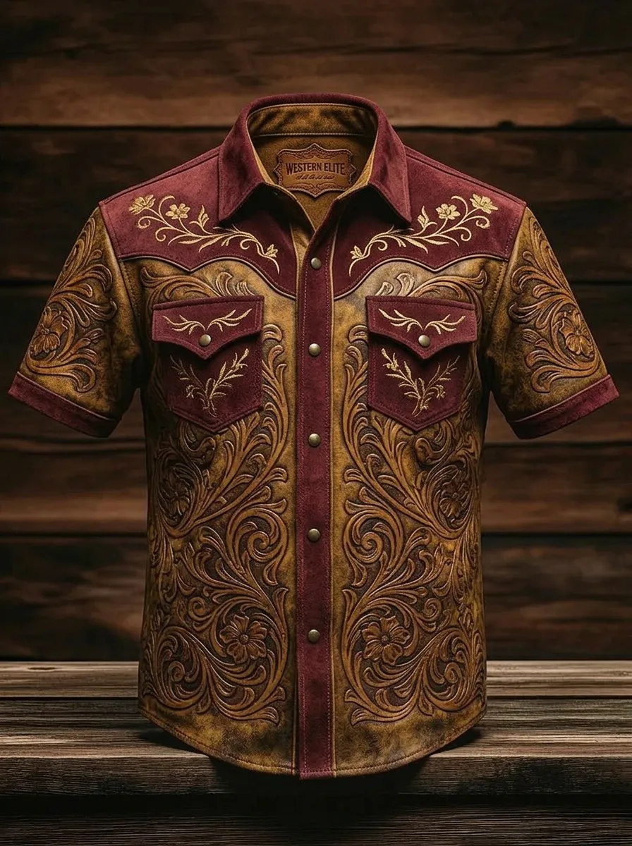 Men's Western Cowboy Floral Tooled Leather Printed Shirt-4