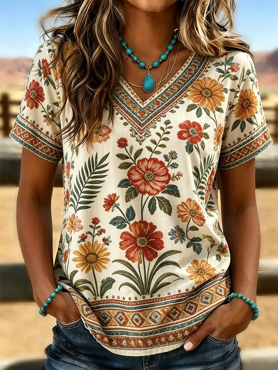 Women's Casual Retro V-Neck T-Shirt