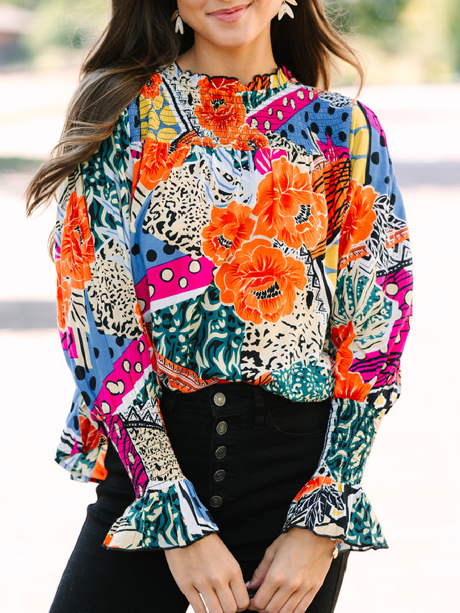 Women's long sleeve mixed print shirt