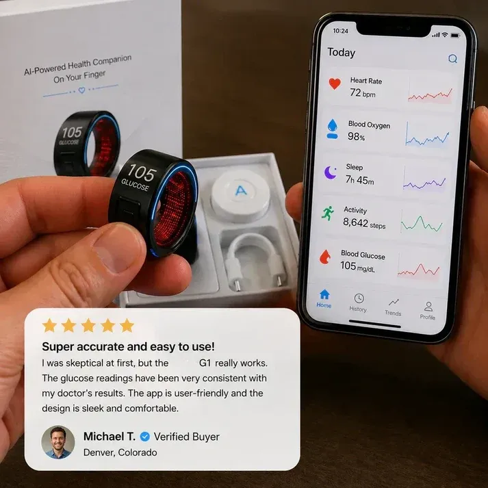 Smart Ring with Caller ID, Heart Rate, Blood Oxygen, Sleep & Step Tracking — Remote Camera Shutter & Media Control for iOS & Android — Waterproof Health Monitor