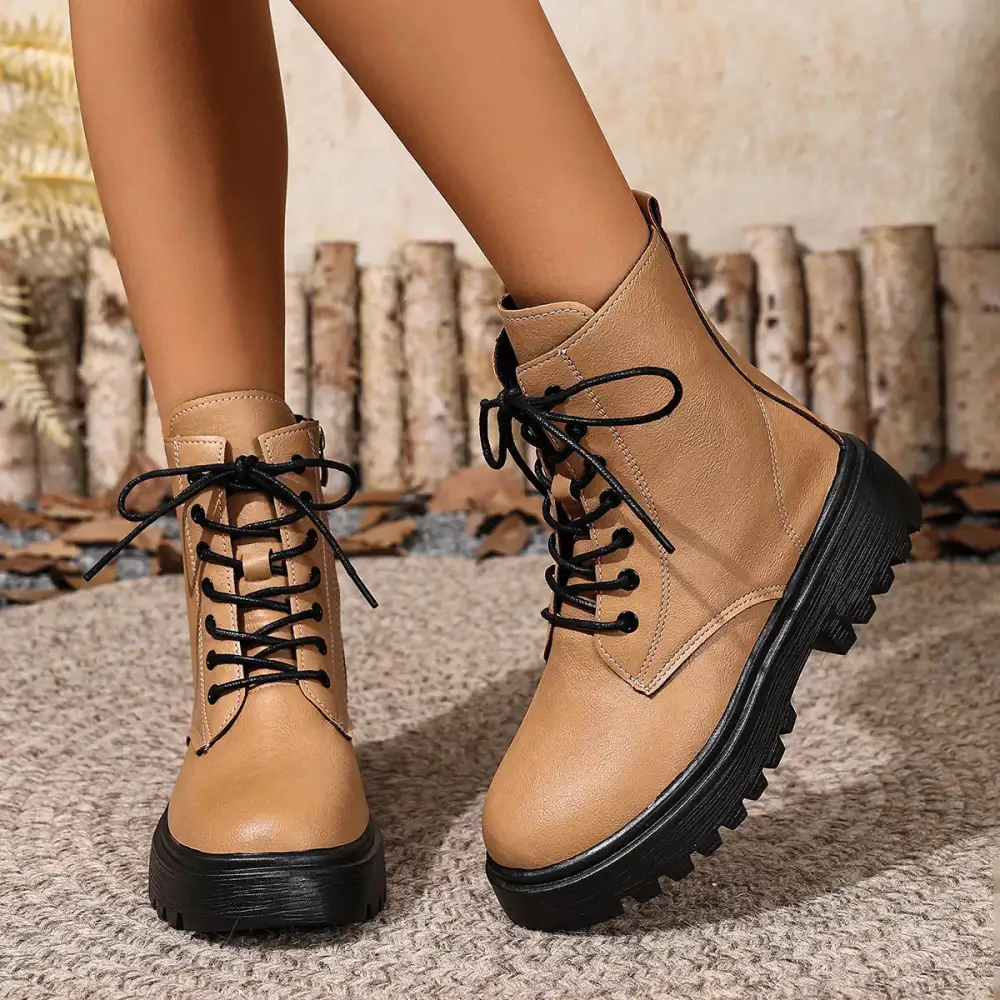 Textured Lace-Up Ankle Combat Boots