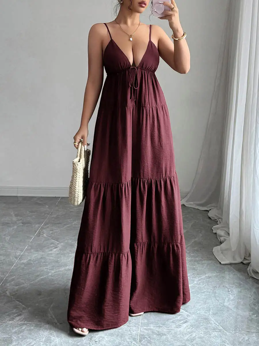 Backless Pleated Sleeveless Neck Maxi Dress