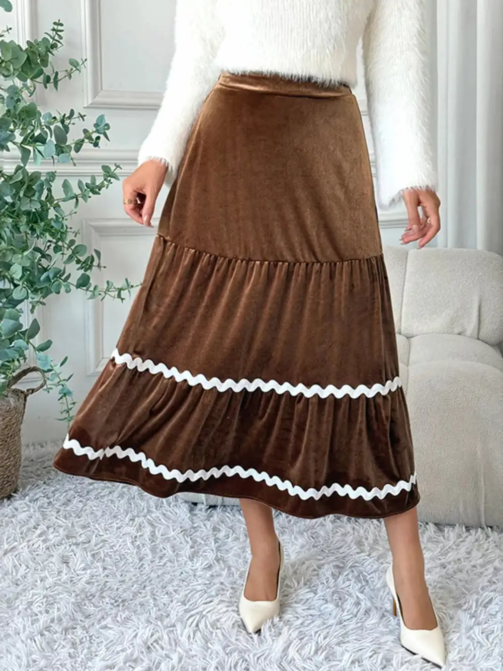 Tiered Velvet Midi Skirt