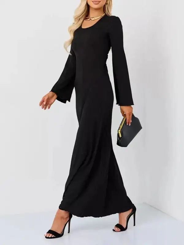 Sleeves Pleated Ruffled Long Neck Maxi Dress