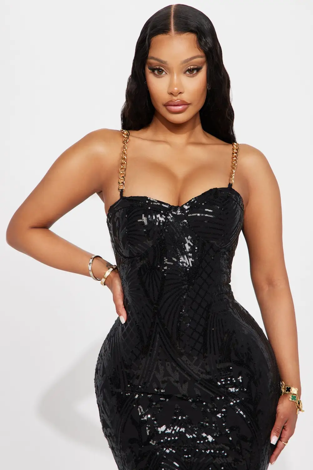 Valentina Sequin Midi Dress - Black/Black