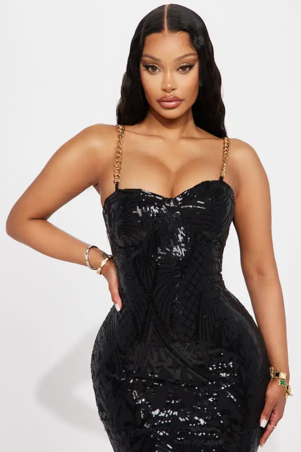 Valentina Sequin Midi Dress - Black/Black